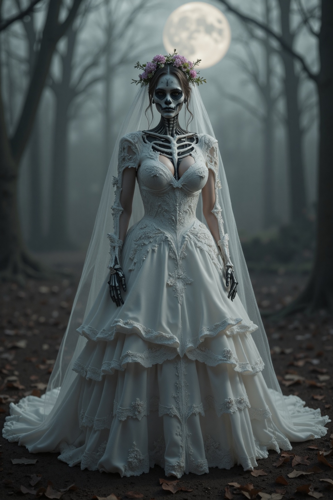 This is a highly detailed d0td91rl style digital illustration depicting a skeletal figure dressed in a traditional wedding...