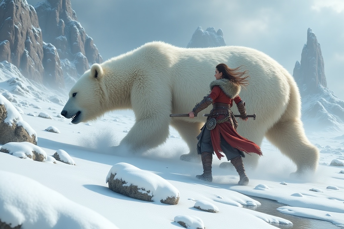 Hyperrealistic cinematic epic fantasy action scene depicts an female Barbarian Warrior battling a polar bear in a snow cov...