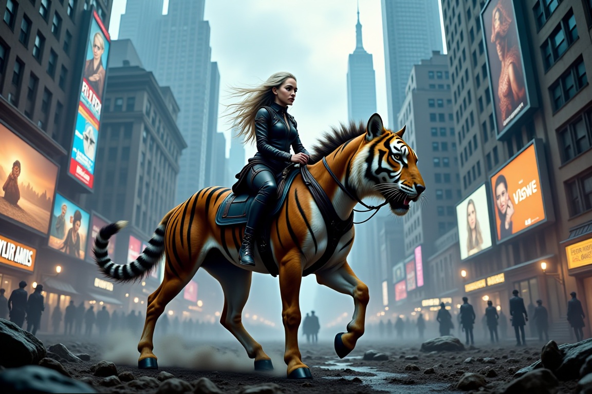 Emilia Clarke,  a fiery beauty with flowing silver hair,  perched atop a majestic mutant creature that is a breathtaking a...