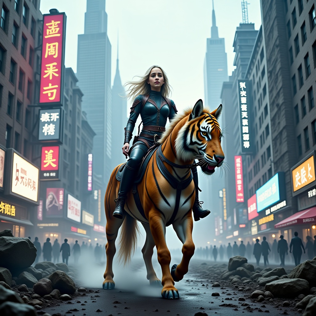 Emilia Clarke,  a fiery beauty with flowing silver hair,  perched atop a majestic mutant creature that is a breathtaking a...