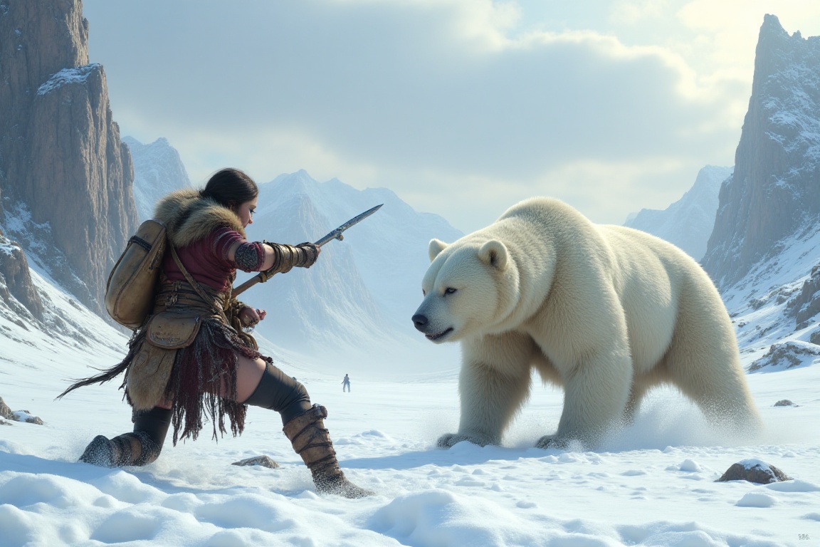 Hyperrealistic cinematic epic fantasy action scene depicts an female Barbarian Warrior battling a polar bear in a snow cov...