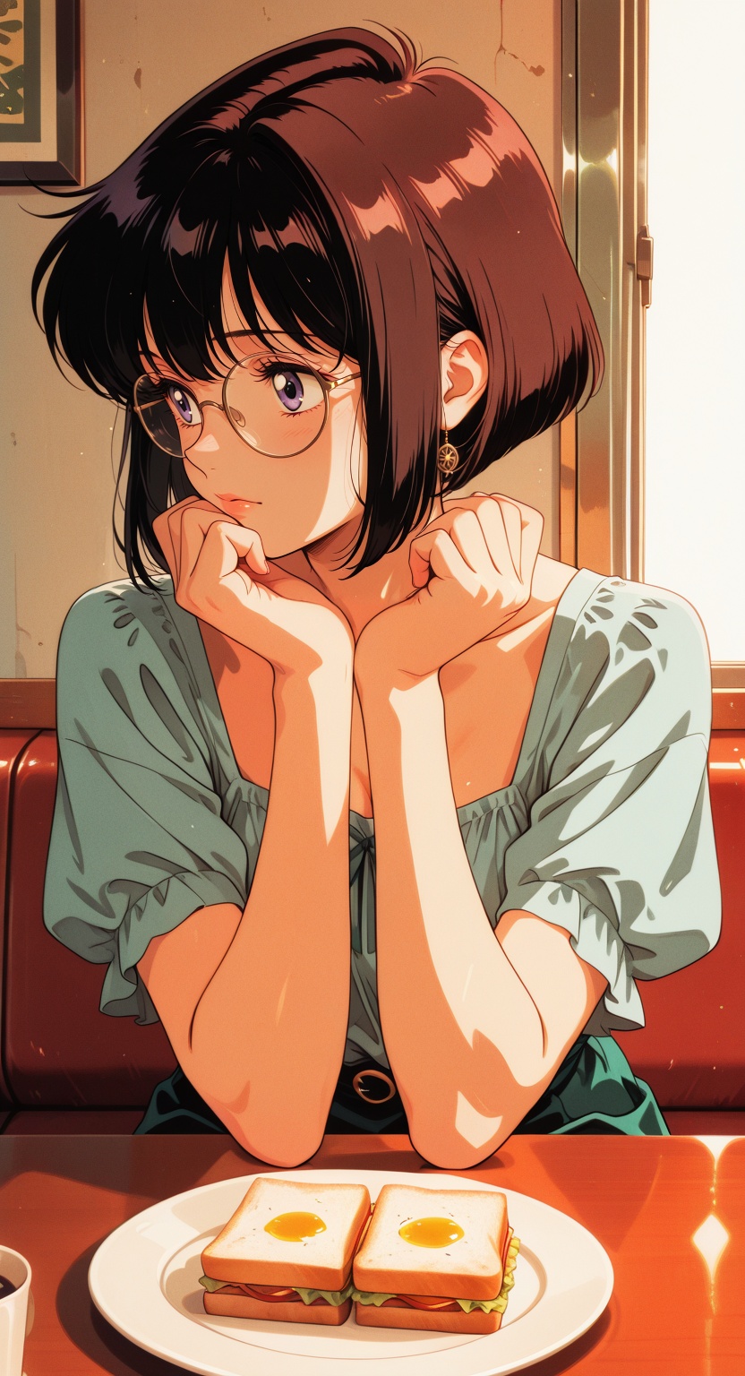 minimalist retro illustration with a nostalgic mood BREAK a young woman sitting at a small table,  quiet presence,  subtle...