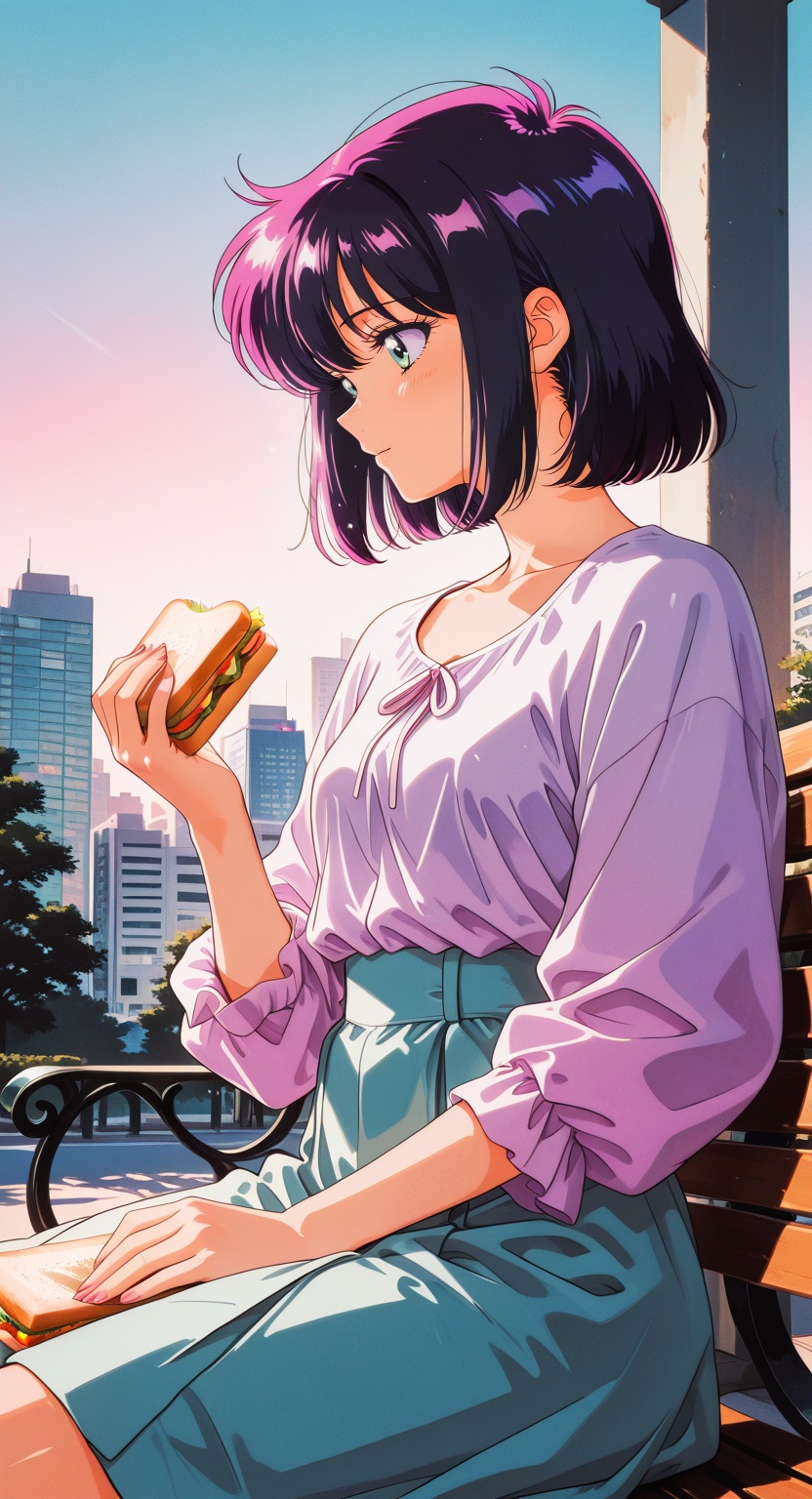 urban relaxed scene in minimalist retro style with soft gradient tones BREAK a young woman sitting calmly on a park bench,...