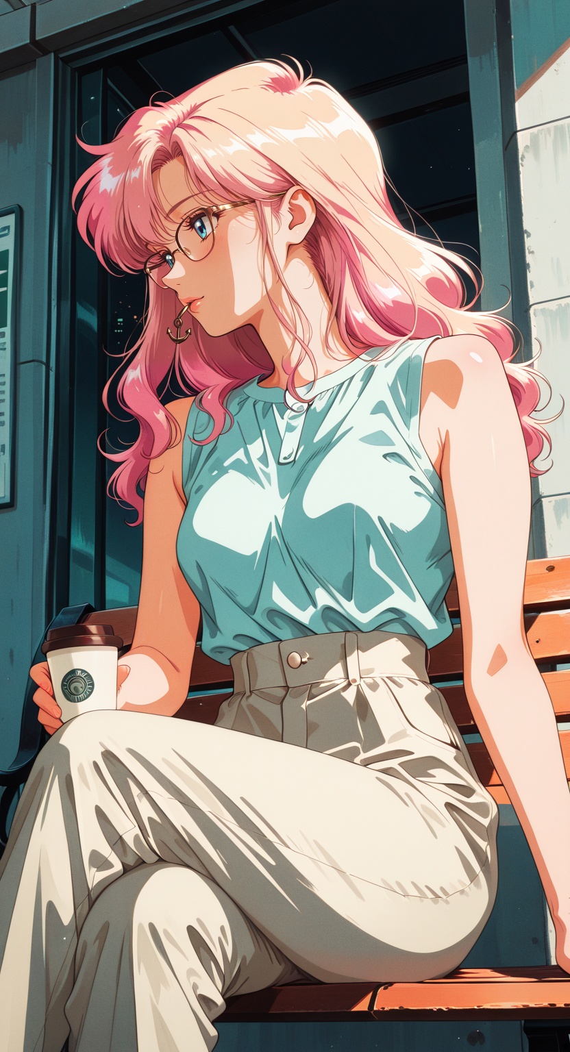 urban relaxed scene in minimalist retro style with soft gradient tones BREAK a young woman sitting calmly on a bench,  cas...