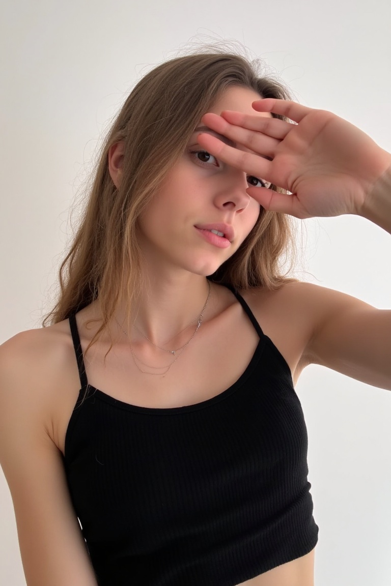 Photograph of a young woman with long,  wavy hair. She's wearing a black top and a delicate necklace. She covers her right...