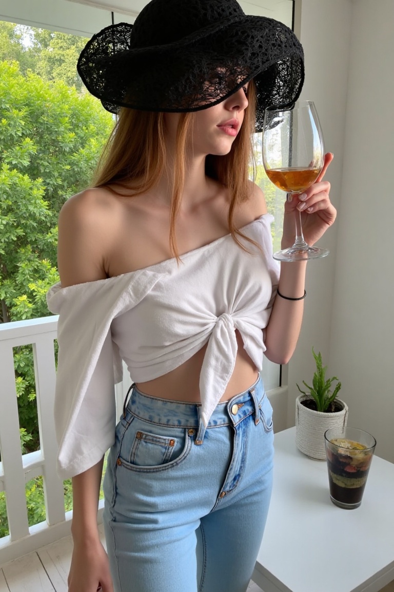 Photograph of a young woman with long hair,  wearing a white off-shoulder top tied at the waist,  high-waisted light blue...