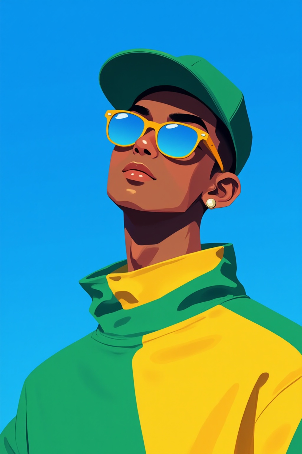 ddd Flat illustration The image depicts a stylized illustration of a person wearing a green and yellow cap and a high-neck...
