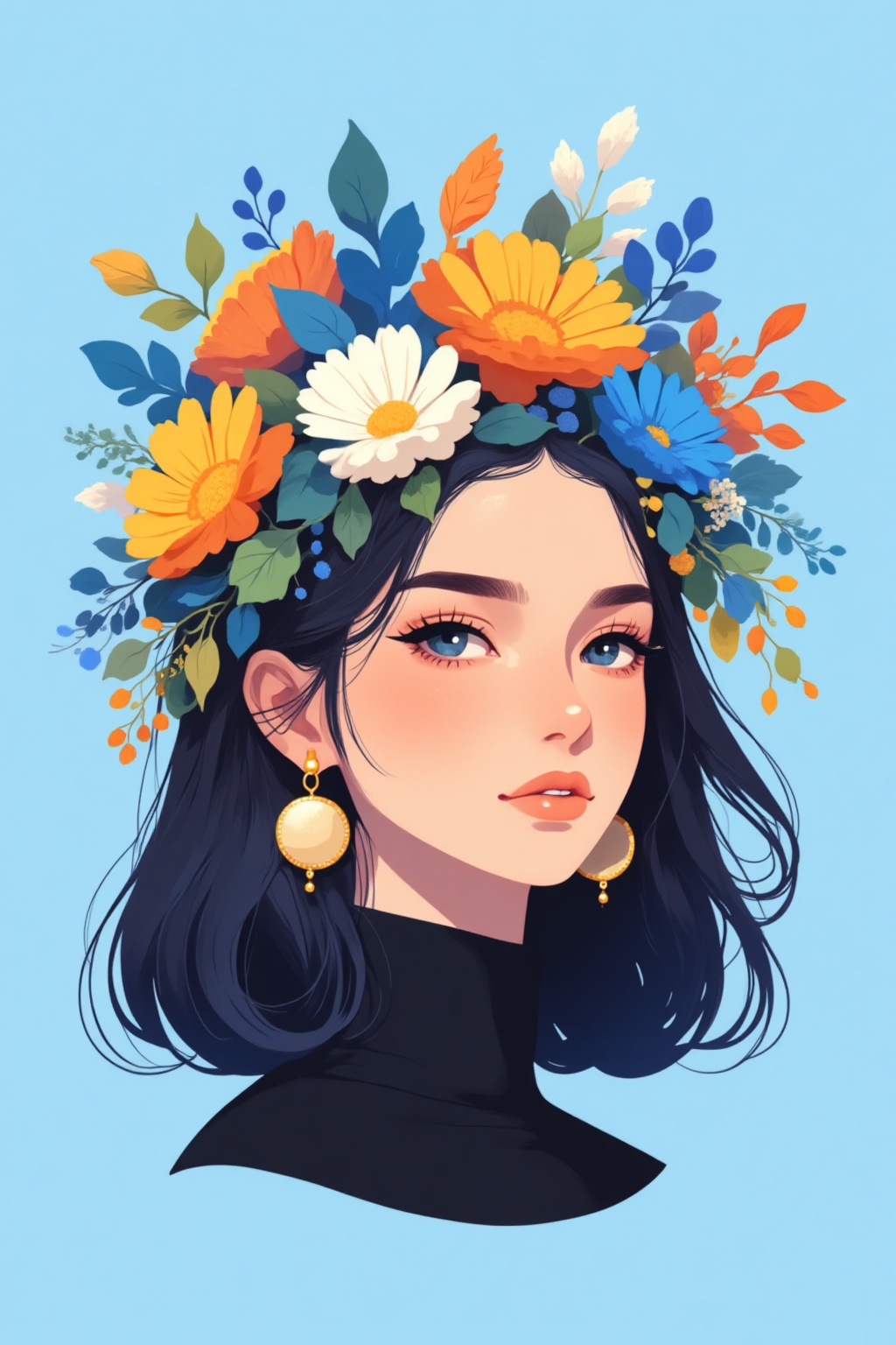ddd Flat illustration The image depicts a stylized illustration of a woman with a floral headpiece. The headpiece is compo...