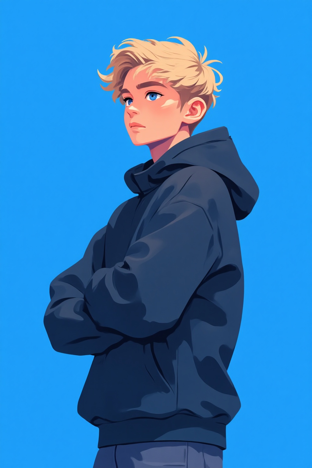 ddd Flat illustration The image depicts a young person with light blonde hair and blue eyes wearing a dark hoodie. The bac...