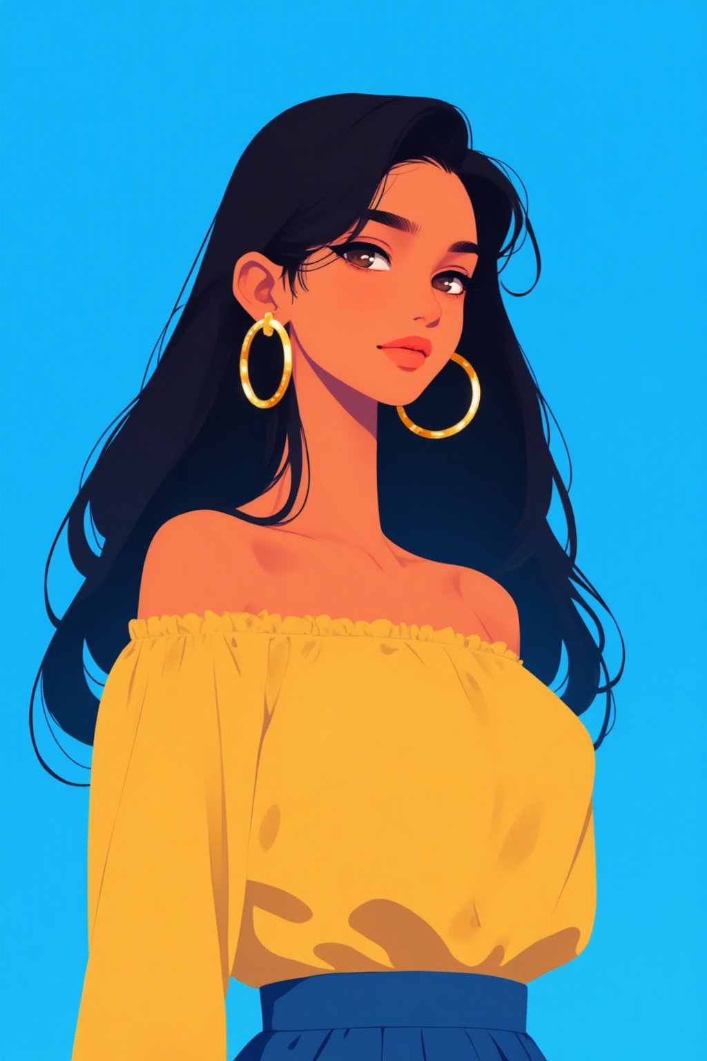 ddd Flat illustration The image depicts a stylized illustration of a young woman with long flowing dark hair. She is weari...