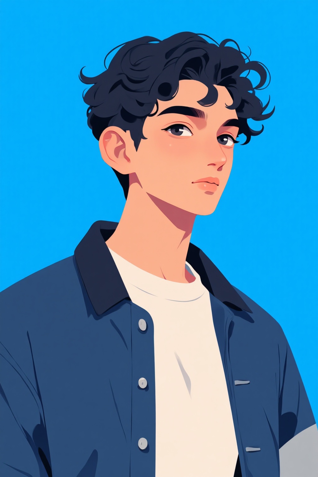 ddd Flat illustration The image depicts a young person with dark curly hair and a light complexion wearing a navy blue jac...
