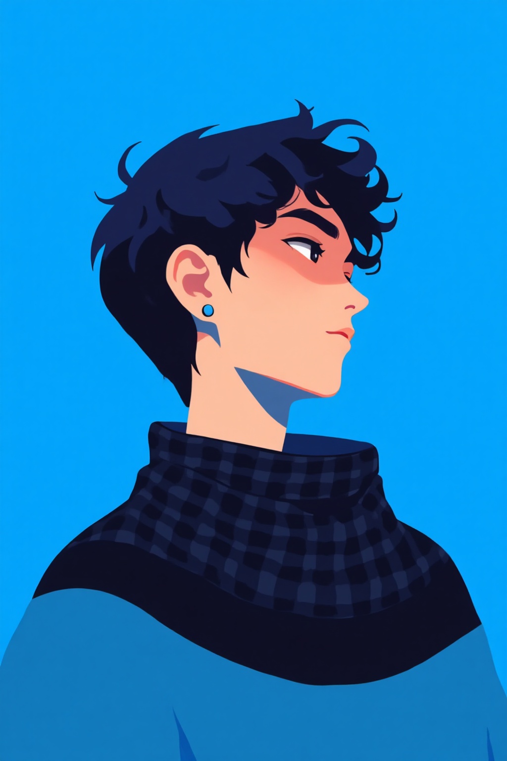 ddd Flat illustration The image depicts a stylized illustration of a young person with short dark hair and a contemplative...