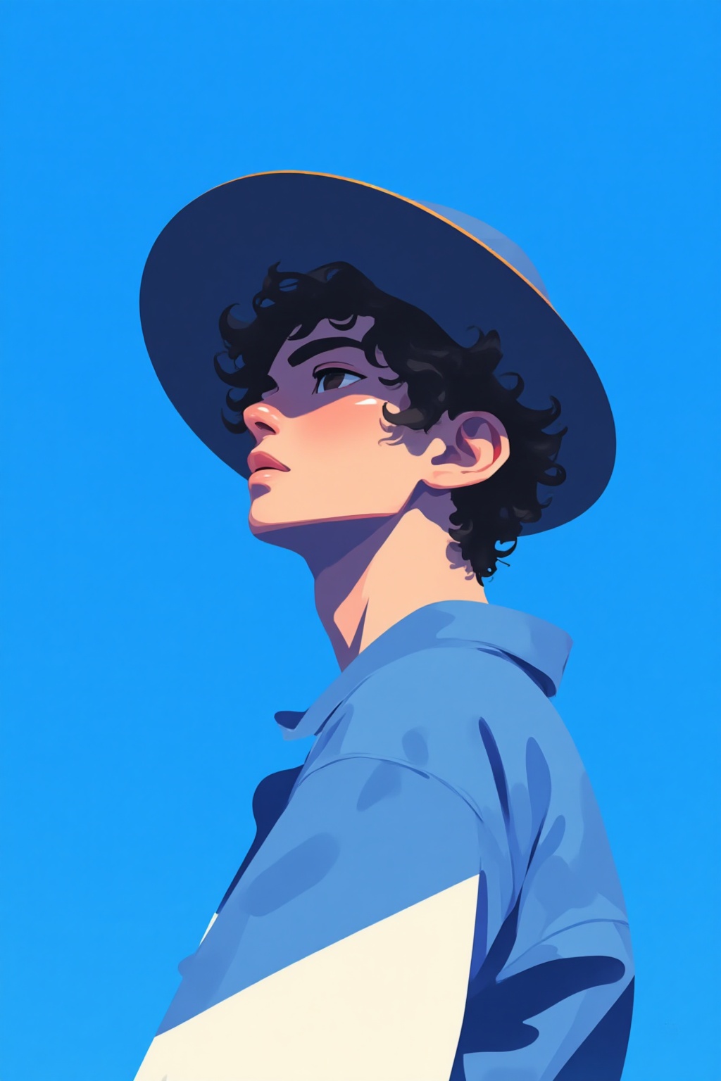 ddd Flat illustration The image depicts a stylized illustration of a person wearing a wide-brimmed hat and a blue shirt. T...