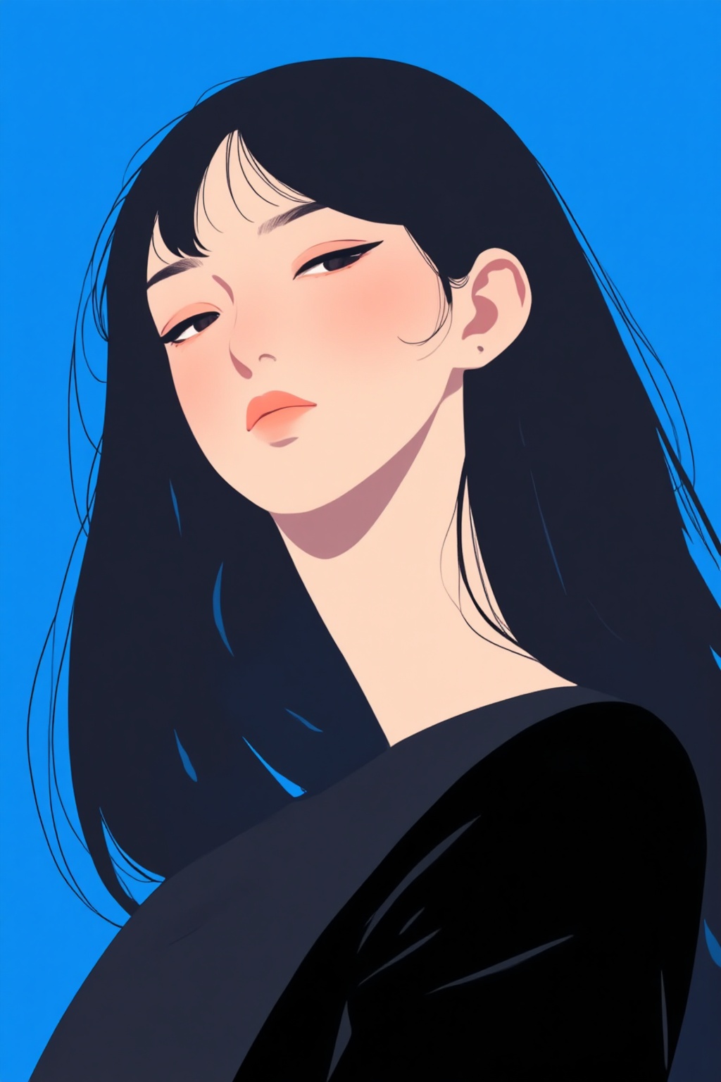 ddd Flat illustration The image depicts a stylized illustration of a woman with long black hair wearing a black outfit. He...