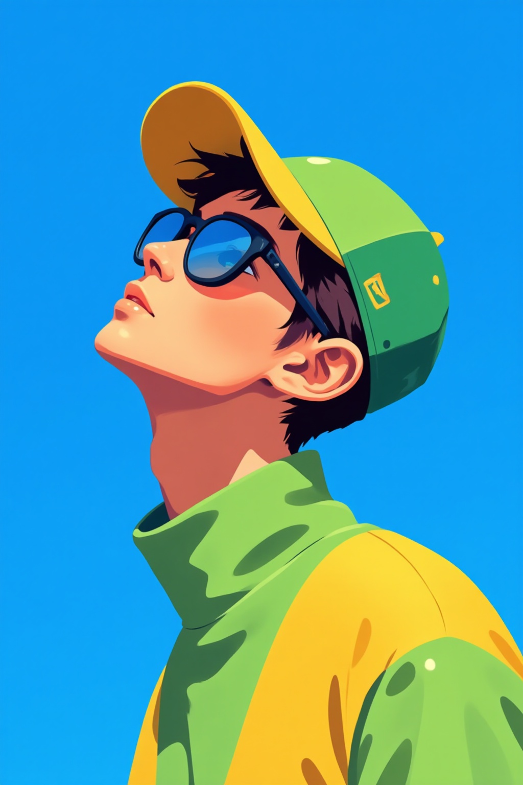 ddd Flat illustration The image depicts a stylized illustration of a person wearing a green and yellow cap and a high-neck...