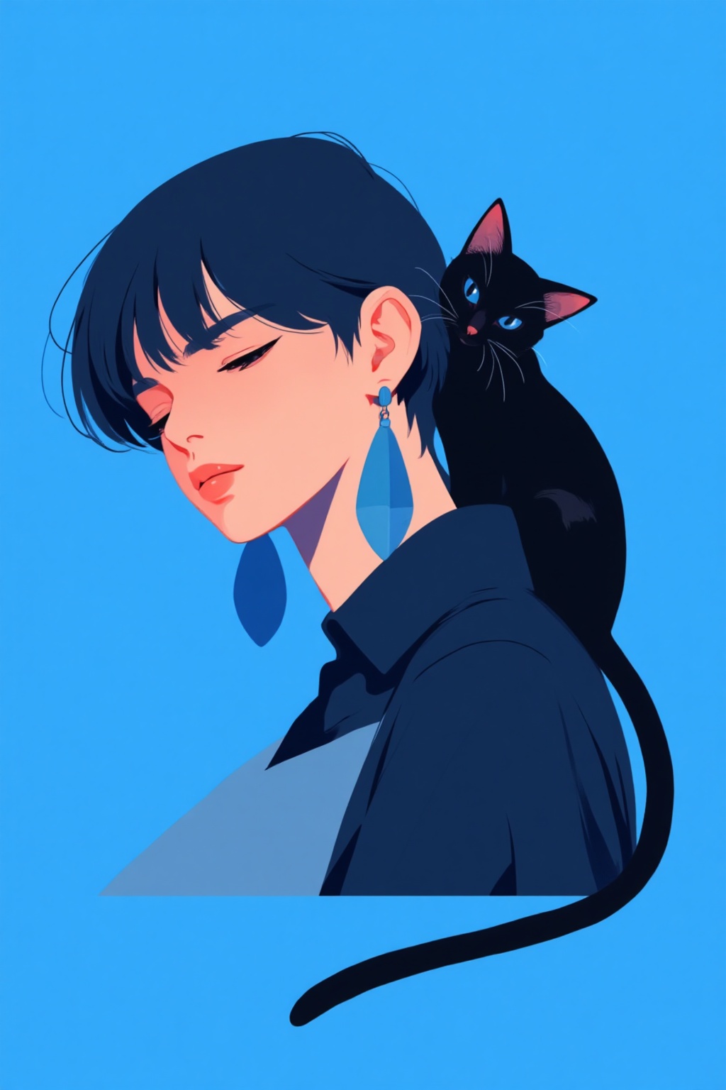 ddd Flat illustration The image depicts a stylized illustration of a young woman with short black hair and large blue earr...