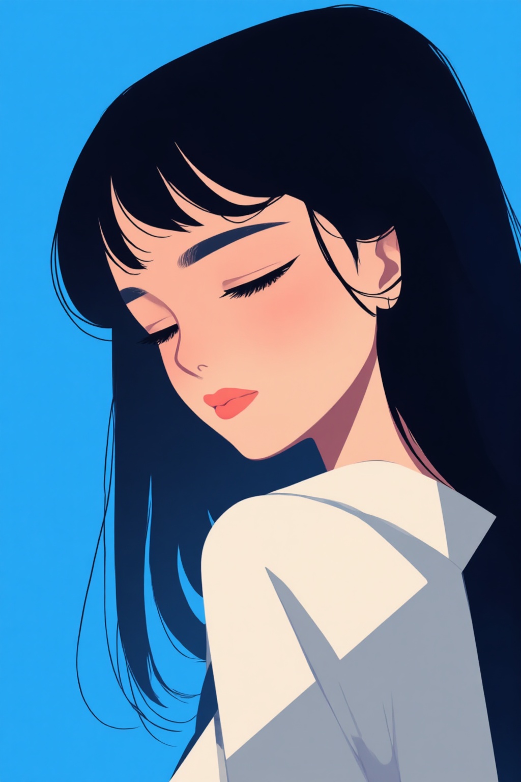 ddd Flat illustration The image depicts a stylized illustration of a woman with long black hair wearing a black outfit. He...