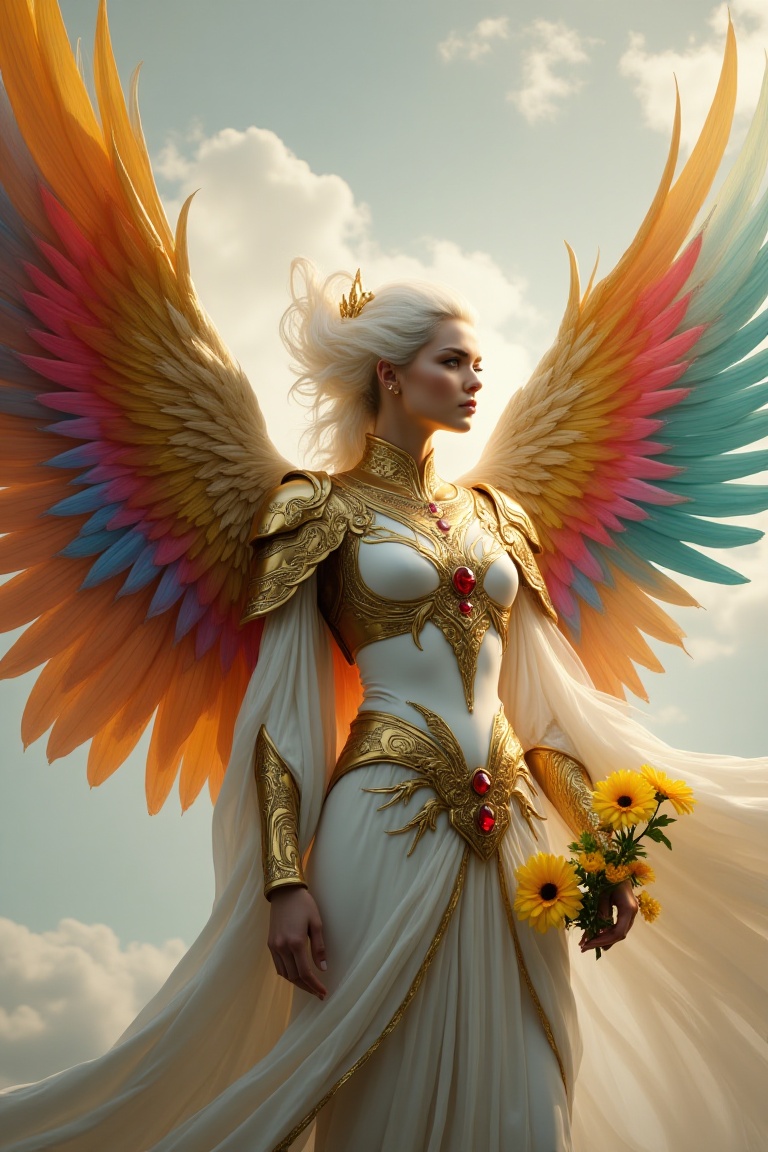 Majestic angel warrior woman,  platinum blonde hair,  massive rainbow wings with gradient feathers (gold on Tensor.Art