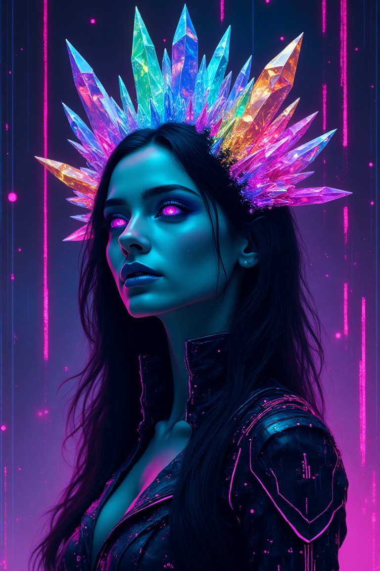 Cyber-enhanced woman with turquoise skin,  long black hair with fiber optic strands,  violet glowing eyes on Tensor.Art