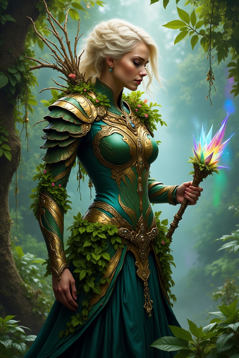 Elegant forest guardian woman with platinum blonde hair,  intricate nature-inspired armor made of living vines and golden...