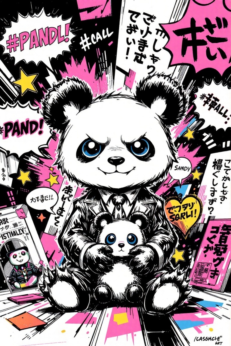 The image features a cartoon-style character resembling a panda bear,  sitting upright with a mischievous grin. The panda...