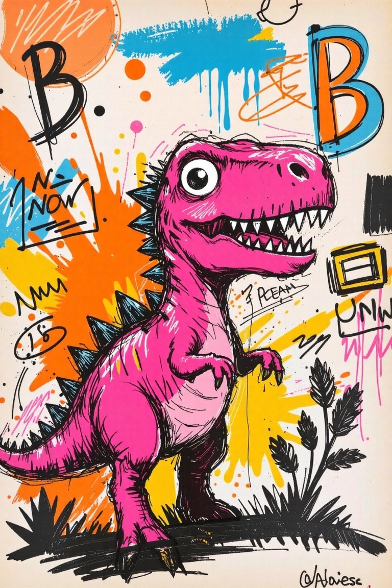The image features a vibrant and whimsical illustration of a pink dinosaur with black spikes along its back and tail. The...