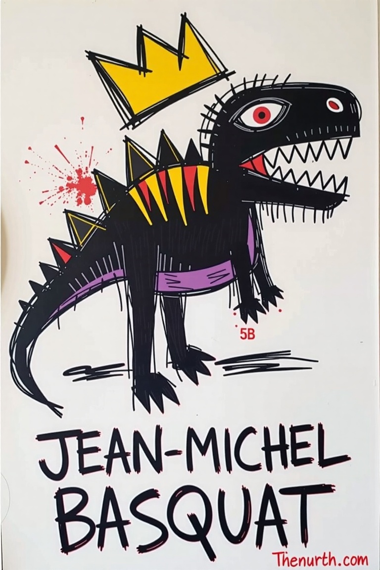 jean michel basquiat art,  The image features a stylized,  colorful depiction of a dinosaur-like creature with a crown on...