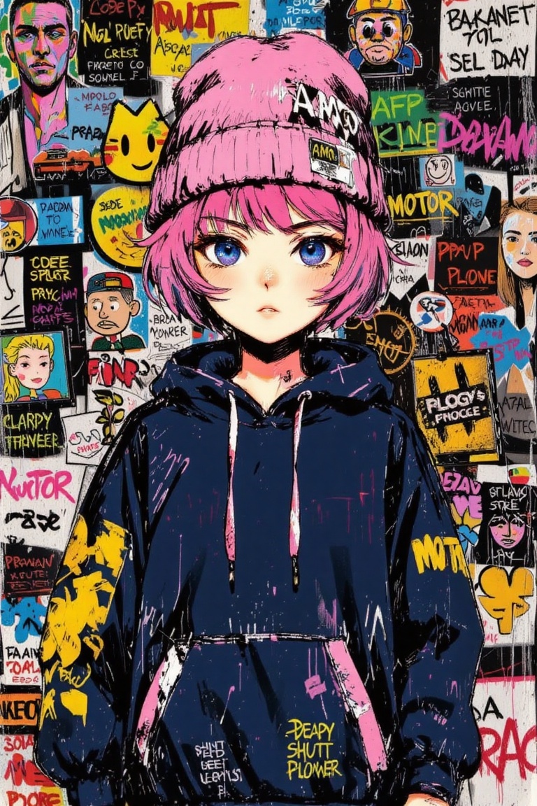 The image features a vibrant and colorful illustration of a young woman with short,  pink hair. She is wearing a pink bean...