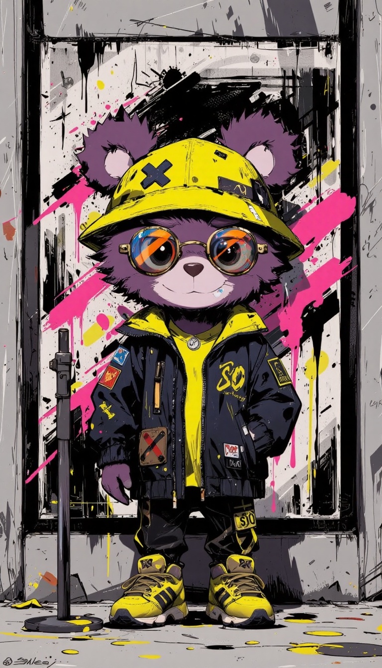 The image depicts a stylized,  anthropomorphic labubu character dressed in a vibrant,  urban fashion. The bear is wearing...