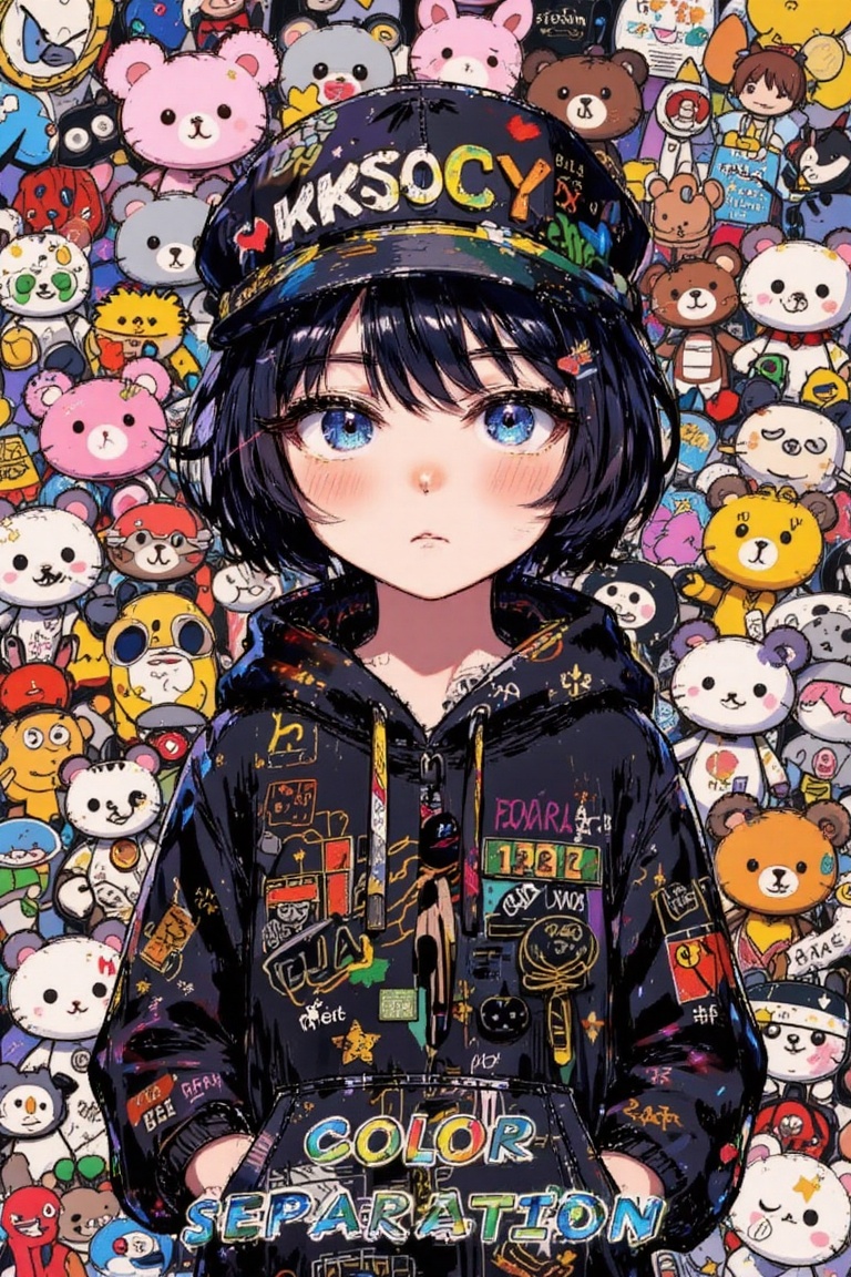 The image features a vibrant and colorful character surrounded by various cartoon-like stuffed animals and objects. The ch...
