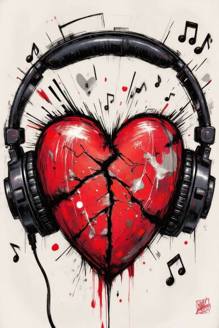 The image depicts a stylized illustration of a heart that is partially covered by a pair of over-ear headphones. The heart...