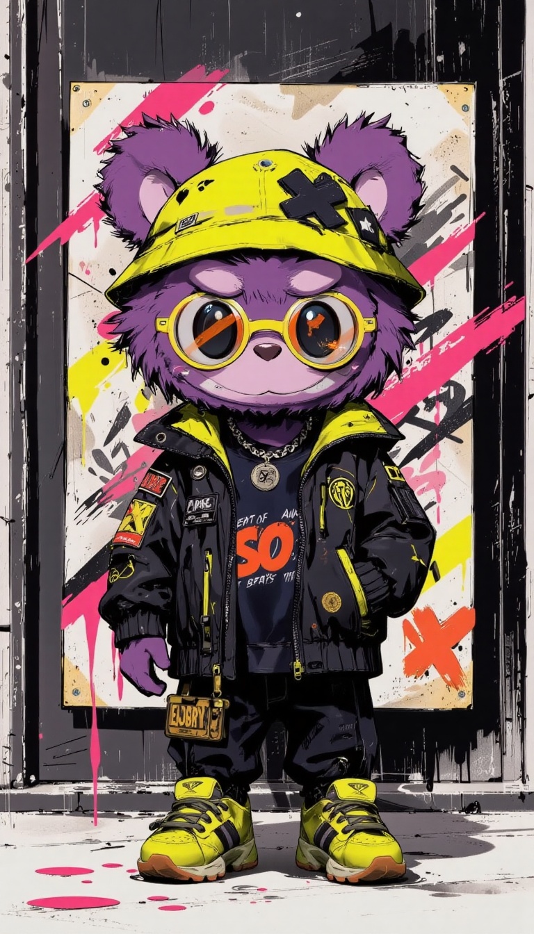 The image depicts a stylized,  anthropomorphic labubu character dressed in a vibrant,  urban fashion. The bear is wearing...