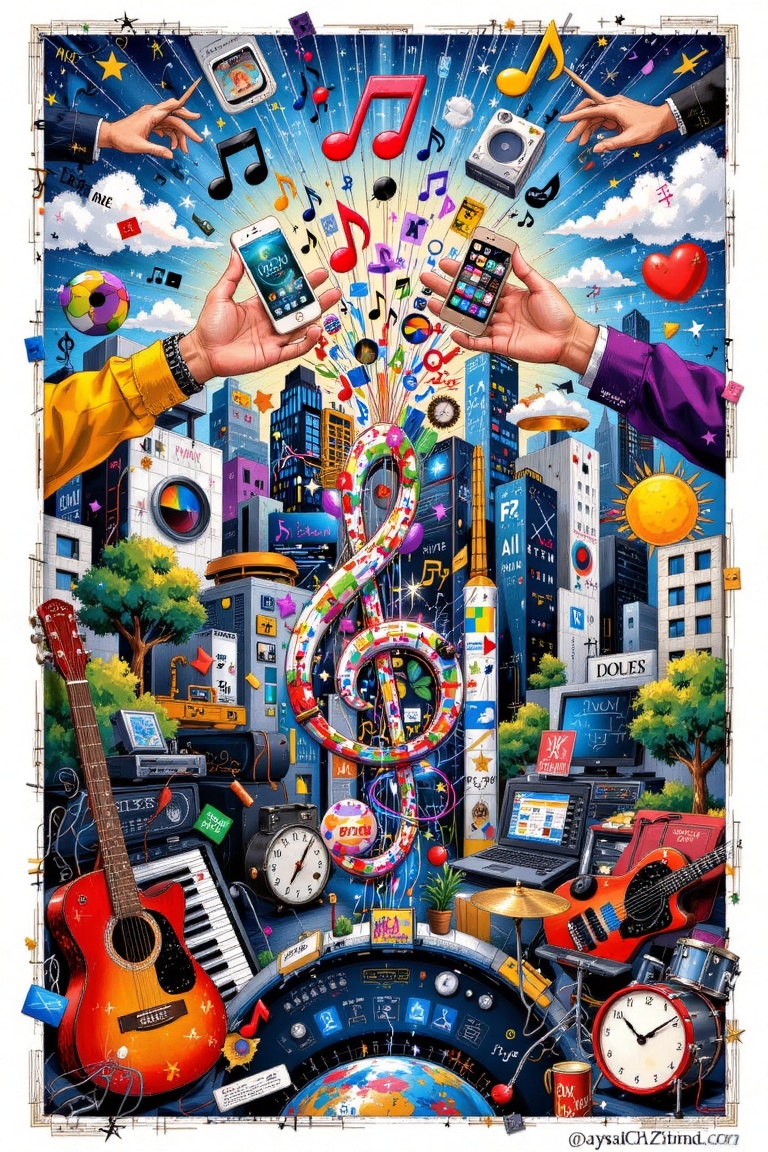 The image is a vibrant and intricate illustration that combines elements of music,  technology,  and urban life. At the ce...