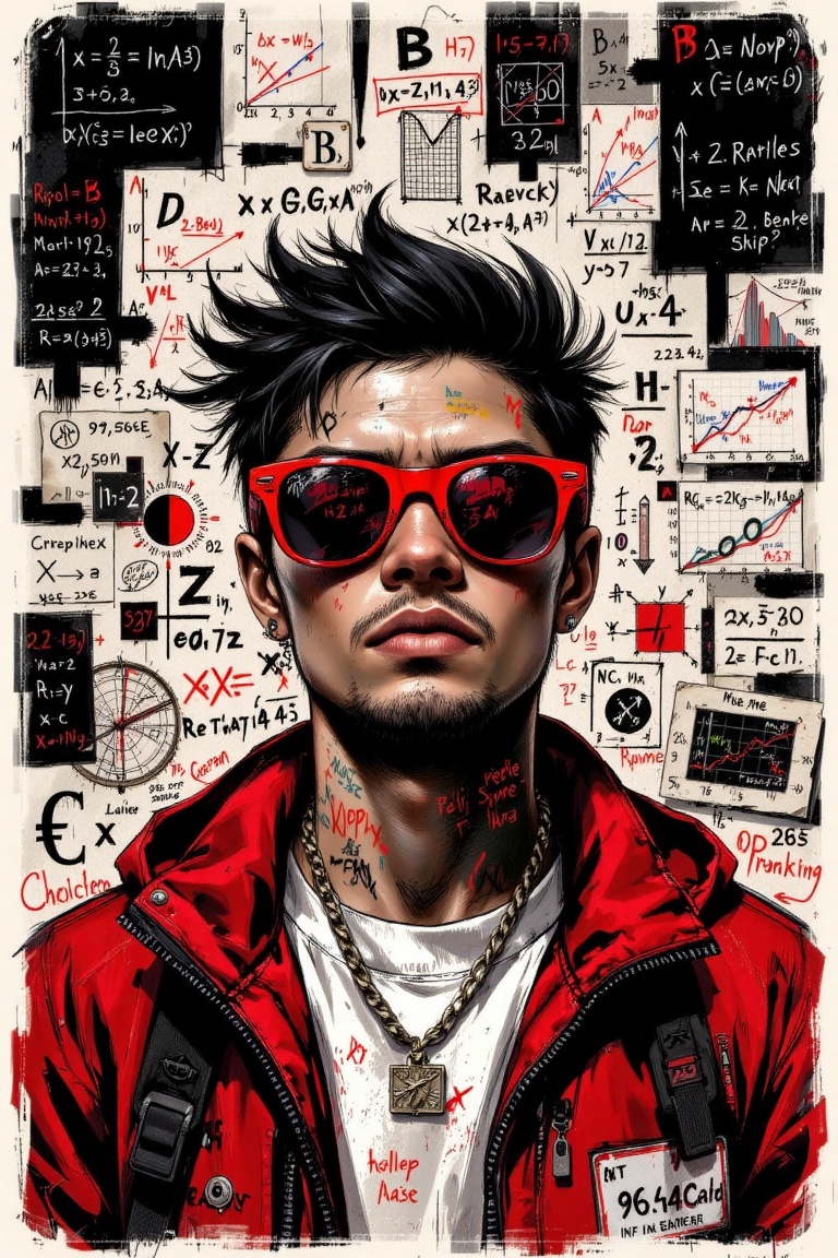 The image depicts a stylized illustration of a man wearing red sunglasses and a red jacket. His face is partially obscured...