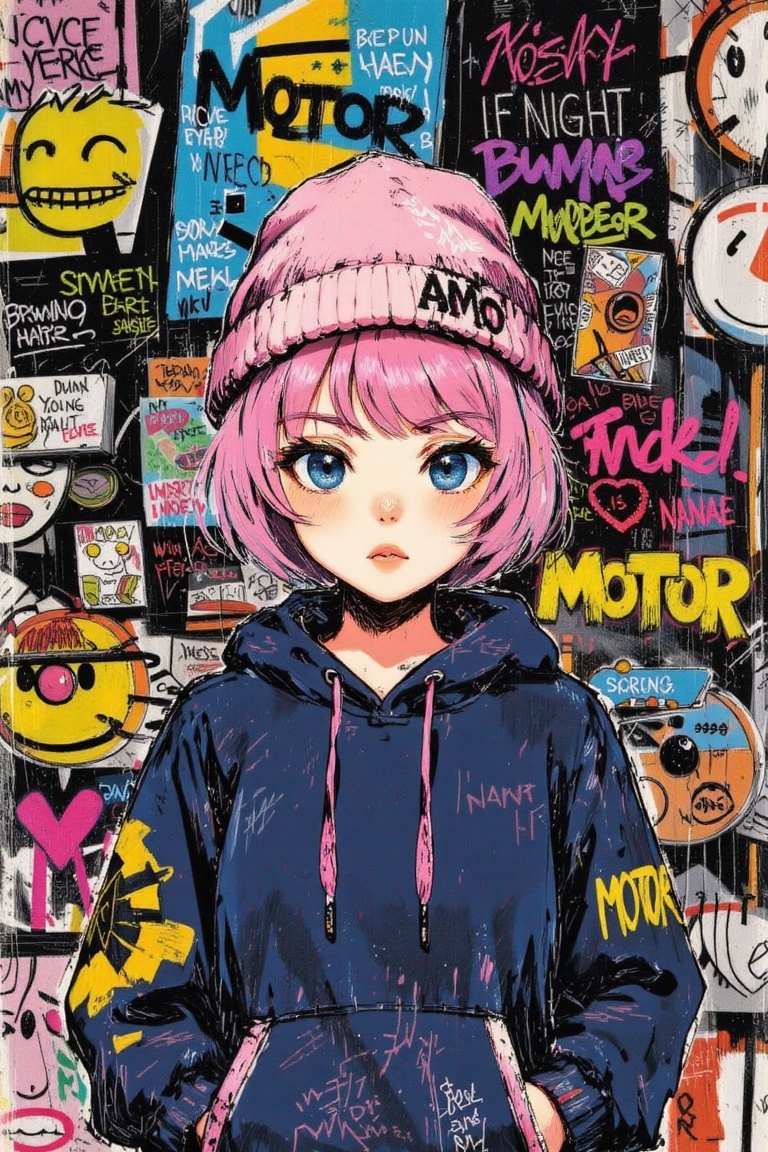 The image features a vibrant and colorful illustration of a young woman with short,  pink hair. She is wearing a pink bean...