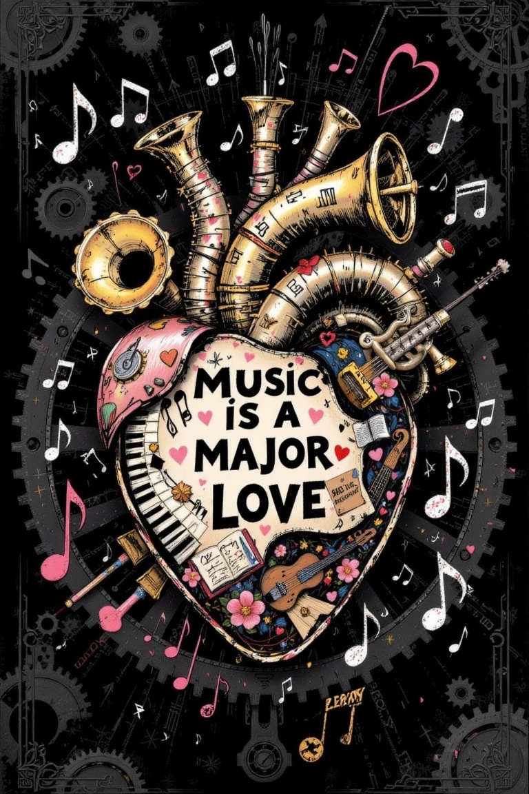 The image depicts a stylized,  artistic representation of a human heart,  which is intricately designed to include musical...