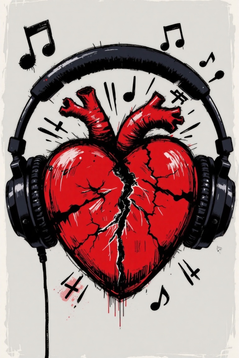 The image depicts a stylized illustration of a heart that is partially covered by a pair of over-ear headphones. The heart...