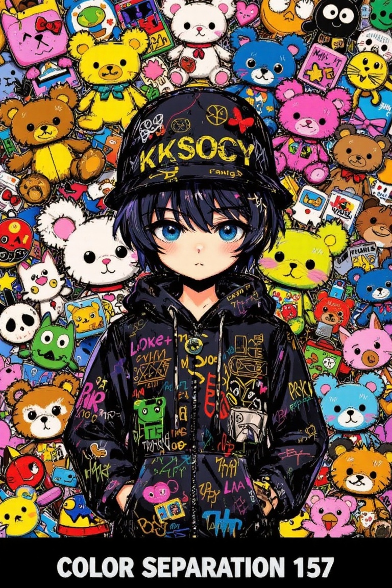 The image features a vibrant and colorful character surrounded by various cartoon-like stuffed animals and objects. The ch...
