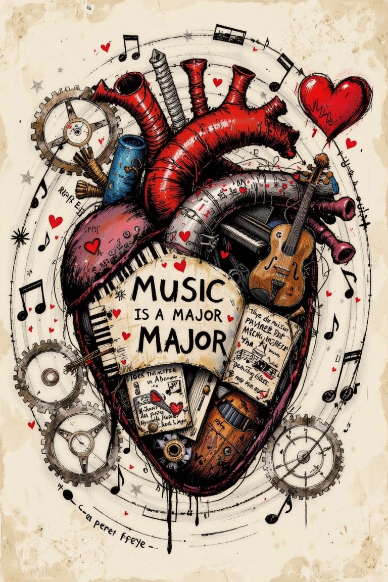 The image depicts a stylized,  artistic representation of a human heart,  which is intricately designed to include musical...