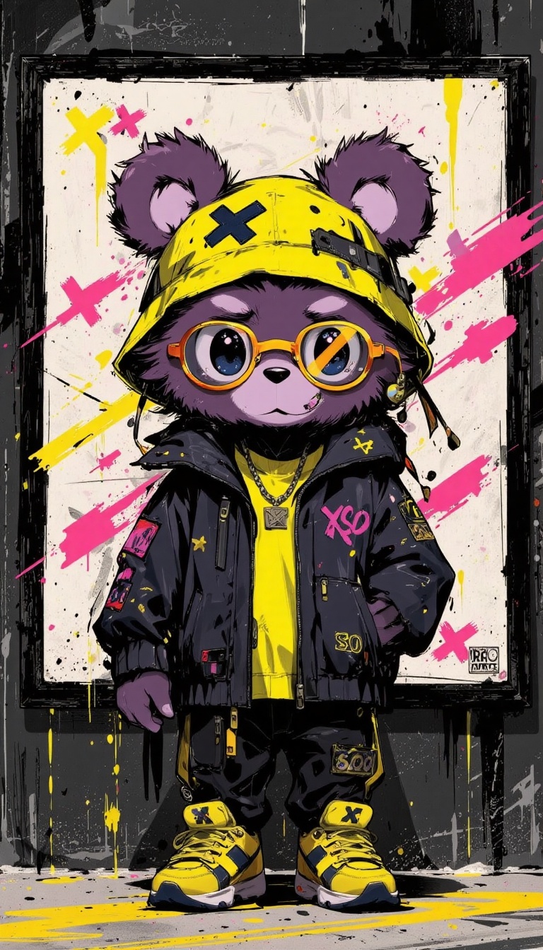 The image depicts a stylized,  anthropomorphic bear labubu character dressed in a vibrant,  urban fashion. The bear is wea...