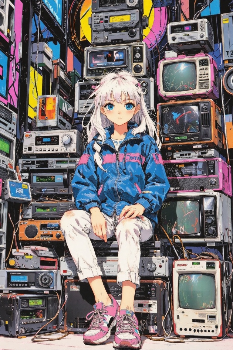 The image depicts a vibrant,  colorful scene with a young girl sitting amidst a collection of retro electronic devices. Sh...