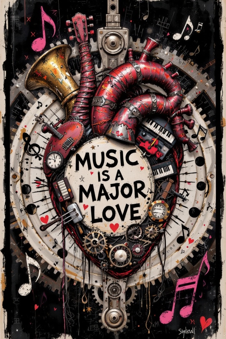 The image depicts a stylized,  artistic representation of a human heart,  which is intricately designed to include musical...