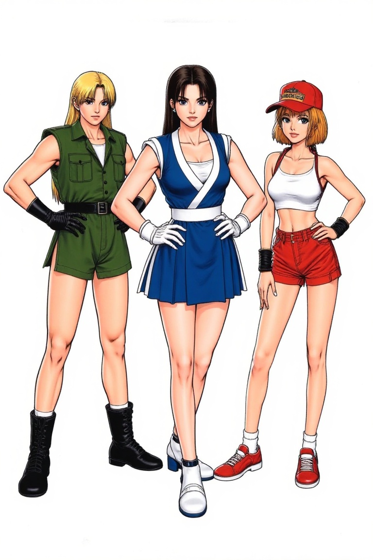 SNK-style art,  three female anime fighters posing together: the first in a green tactical military outfit with shorts and...