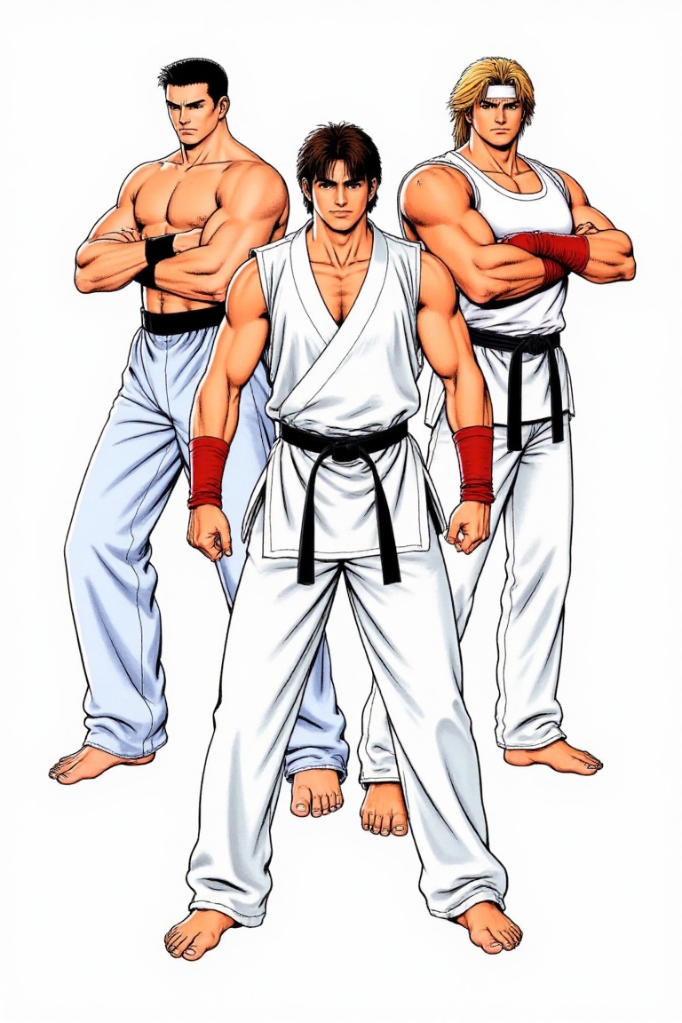 SNK-style art,  three male anime fighters wearing karate gi and **** tops,  in classic SNK fighting stances on Tensor.Art