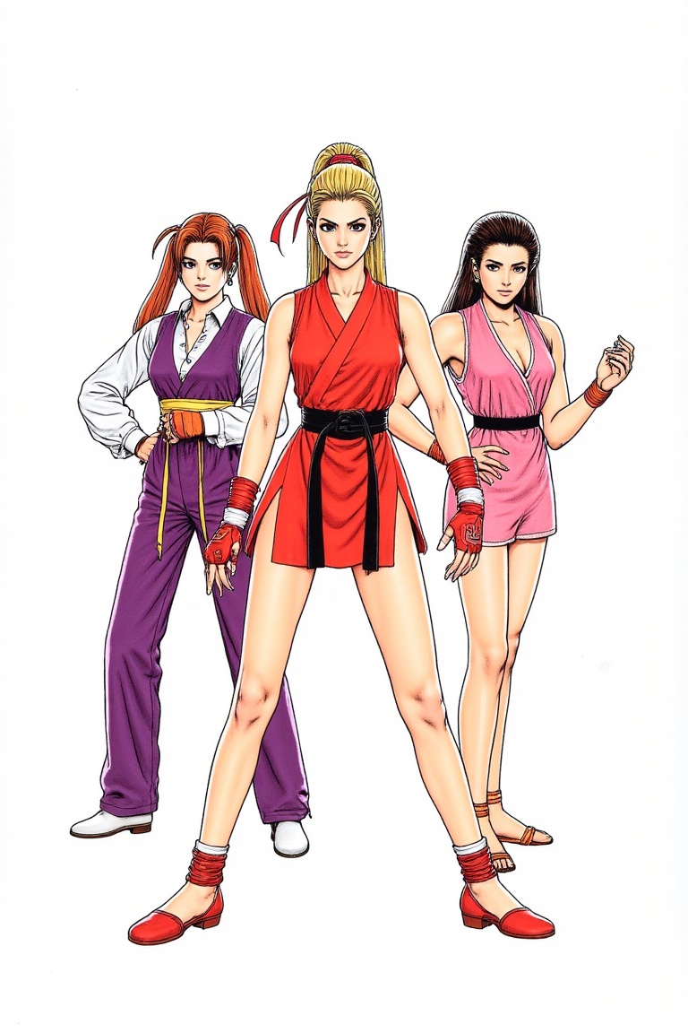 SNK-style art,  three female anime fighters in dynamic poses,  wearing colorful ninja and martial arts outfits on Tensor.Art