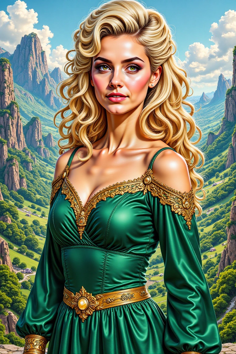 Comic character Enchantress,  line art with thick ink outlines,  green hero dress attire on Tensor.Art