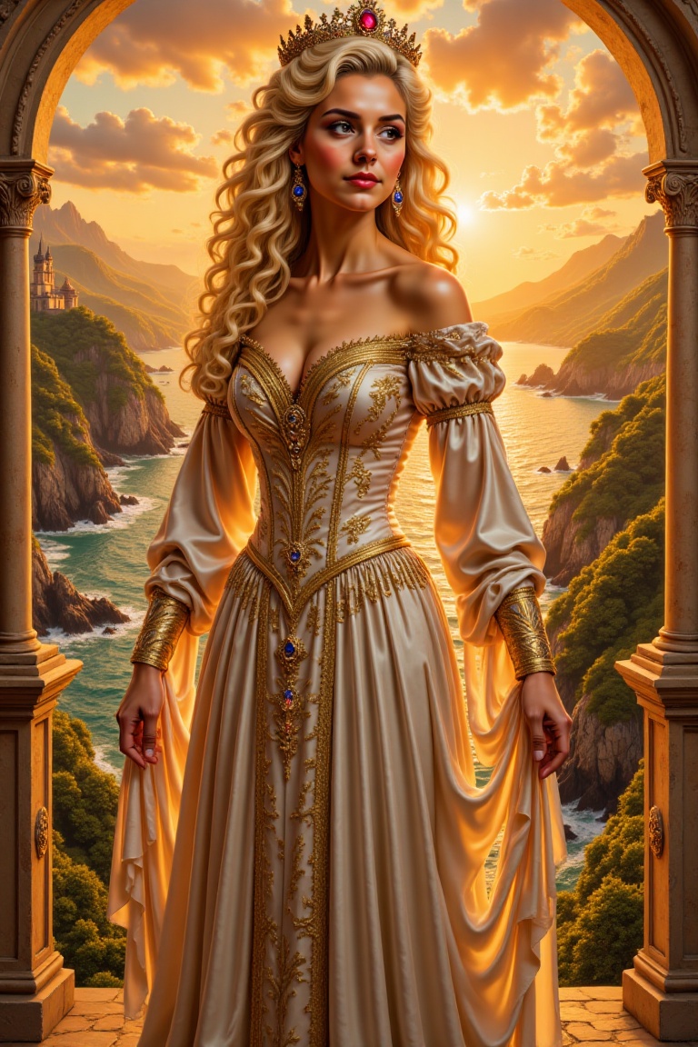 A breathtaking portrait of a golden-haired royal woman standing on a cliffside terrace at sunset,  overlooking a sunlit oc...