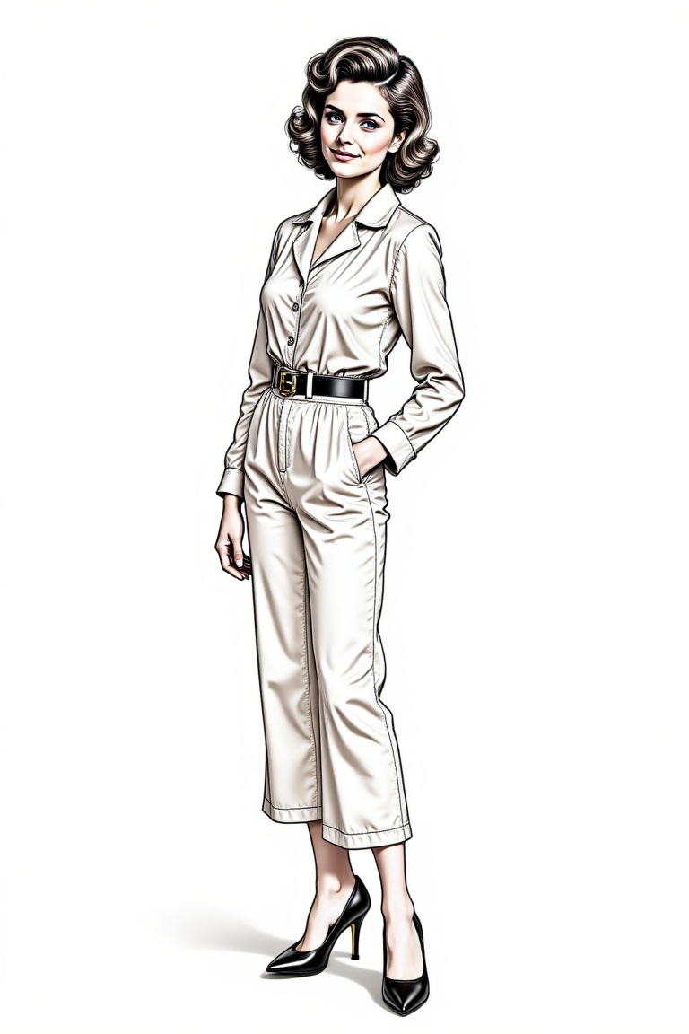 Brooke Burnes dressed in vintage attire with an updo,  Pixar-style character,  minimalist line art with thick ink outlines...