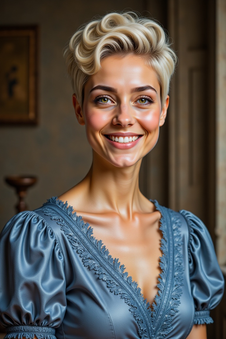 An upper body portrait of a beautiful smiling woman with a platin blonde pixie hairstyle,  captured in iPhone 16 quality....