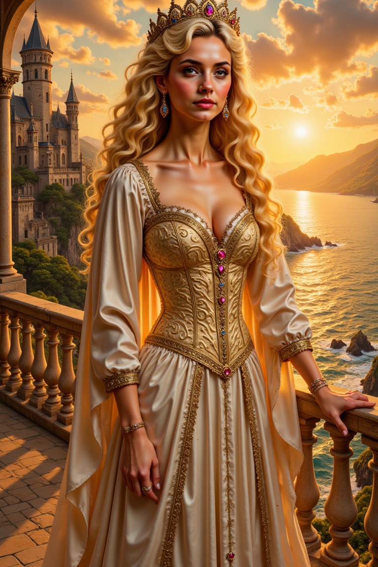A breathtaking portrait of a golden-haired royal woman standing on a cliffside terrace at sunset,  overlooking a sunlit oc...